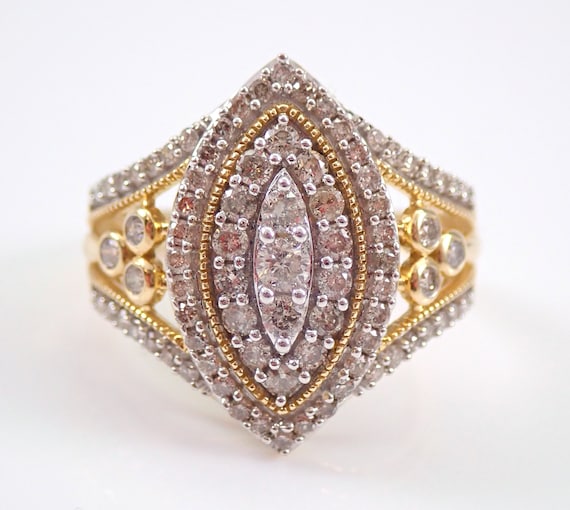 Yellow Gold Diamond Cluster Ring - Elongated Halo Cocktail Band - Modern Fashion Fine Jewelry Gift