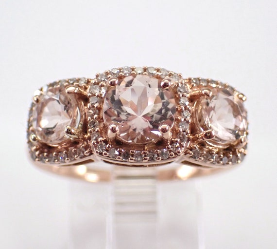 Morganite and Diamond Halo Anniversary Ring, Rose Gold Three Stone Gemstone Band, GalaxyGems Fine Jewelry Gift