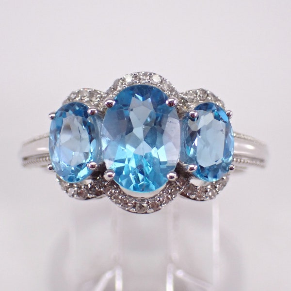 Blue Topaz and Diamond Engagement Ring - White Gold Three Stone Halo Band - December Birthstone Jewelry Gift