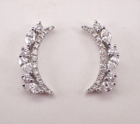 14K White Gold Crescent Moon Diamond Earrings, Unique Climber Crawler Studs