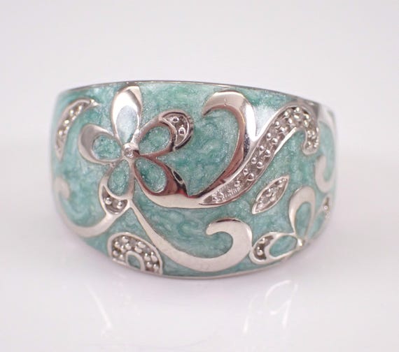 Vintage Sterling Silver Enamel Ring - Estate Diamond Flower Dome Band - Unique Birthday Jewelry Gift
