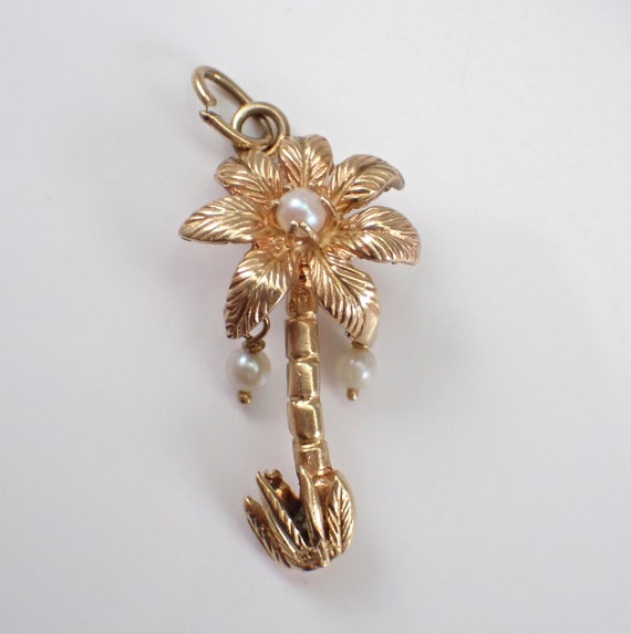 Vintage Estate 14K Yellow Gold Coconut Palm Tree Charm - Flower Pendant with Pearl Dangles for Necklace or Bracelet