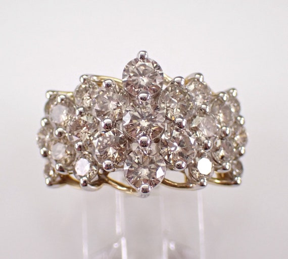 Yellow Gold 3ct Diamond Anniversary Ring - Large Cluster Wedding Band - Cocktail Bridal Fine Jewelry Gift