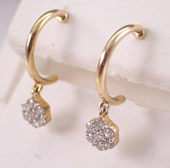 Diamond Dangle Charm Earrings: Yellow Gold Hoop Flower Cluster Drop