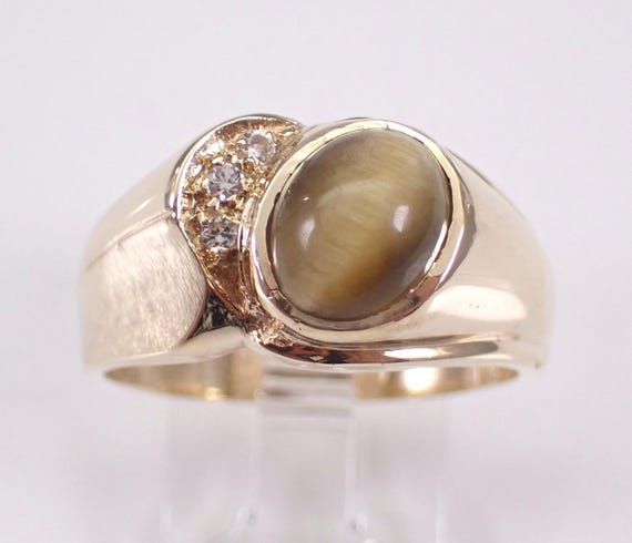 Vintage Mens Cats Tiger Eye Ring - Estate Yellow Gold White Sapphire Band - Unique 60s Pinky Jewelry for Him