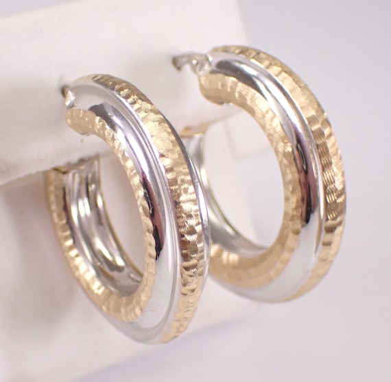 Vintage 14K Yellow and White Gold Hoop Earrings, Estate Chunky Two Tone Huggies