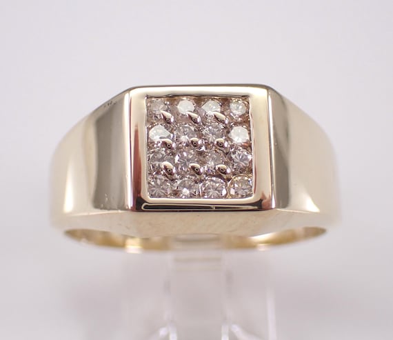 Mens 14K Yellow Gold Diamond Pinky Ring - Estate Cluster Engagement Proposal - Square Anniversary Jewelry Gift for Him