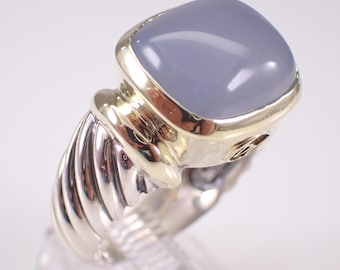 Anillo de cable Noblesse auténtico de David Yurman: banda de calcedonia en oro amarillo de 14 quilates y plata de ley, joyería vintage de diseño en dos tonos.