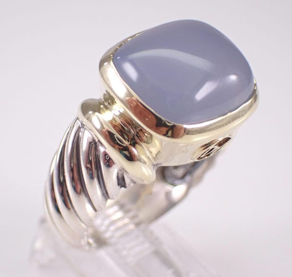 Authentic David Yurman Noblesse Cable Ring - 14K Yellow Gold and Sterling Silver Chalcedony Band, Two Tone Vintage Designer Jewelry