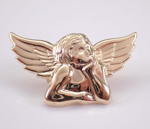 Vintage 14K Yellow Gold Angel Charm Slide - Baby Cherub with Wings Pendant for Omega Chain Necklace
