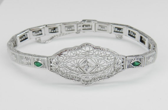 Antique Diamond and Emerald Bracelet - Art Deco 14K White Gold Filigree Link - Unique Statement Fine Jewelry Gift