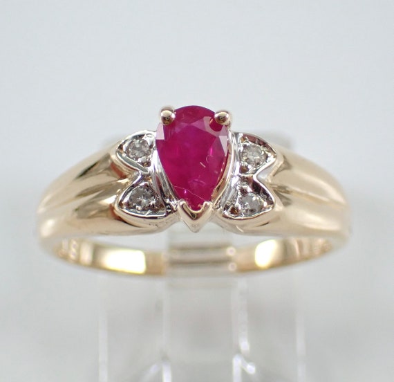 Vintage Ruby and Diamond Ring - Yellow Gold Teardrop Gemstone Setting - Dainty Little Bridal Promise Jewelry Gift