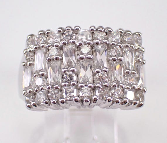 Sterling Silver Round and Baguette CZ Ring - Unique Large Estate Cubic Zirconia Band