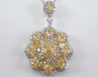 Yellow Canary Diamond Necklace - 18k Multi Tone Gold Station Chain - Fancy Flower Cluster Pendant Choker