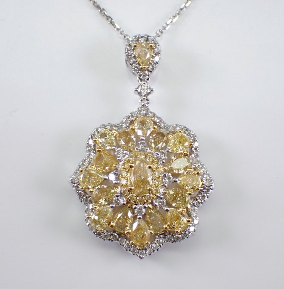 Yellow Canary Diamond Necklace - 18k Multi Tone Gold Station Chain - Fancy Flower Cluster Pendant Choker