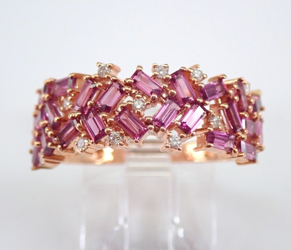 Rose Gold Baguette Rhodolite Garnet Ring: Diamond Cluster Anniversary Band