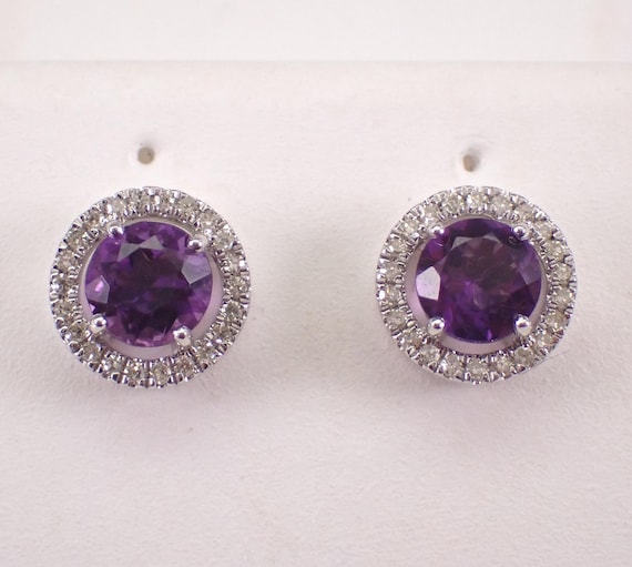 White Gold Amethyst and Diamond Stud Earrings: February Birthstone Gemstone Studs