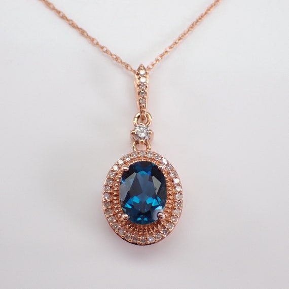 London Blue Topaz Pendant and Chain - Rose Gold Diamond Halo Charm Necklace - GalaxyGems Gemstone Fine Jewelry Gift