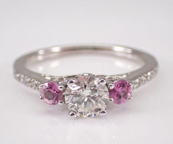 14K White Gold Diamond Engagement Ring - Pink Sapphire Three Stone Bridal Setting - Unique Wedding Jewelry Gift
