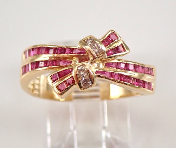 Vintage Ruby and Diamond Ring - 18K Yellow Gold Bow Tie Crossover Band - GalaxyGems Gemstone Fine Jewelry Gift