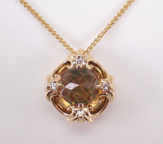 14K Yellow Gold GALATEA DavinChi Citrine Necklace - Diamond and Gemstone Charm Pendant and Chain - Vintage Estate Designer Jewelry Gift