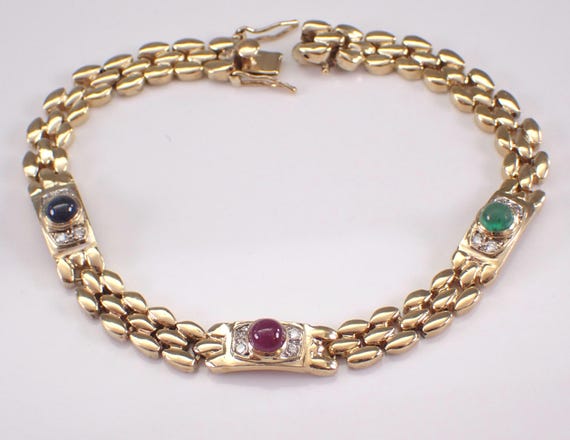 14K Yellow Gold Multi Color Gemstone Bracelet: Diamond Ruby Sapphire Emerald Station Link