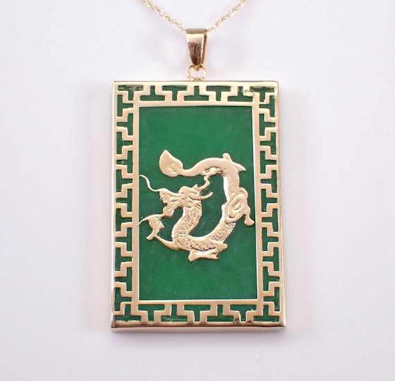 14K Yellow Gold Jade Dragon Necklace, Large Asian Gemstone Charm Pendant and Chain, Good Luck Protection Jewelry Gift