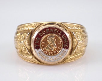 Vintage 18K Yellow Gold School Ring - Antique Cornell University Pinky Band - Estate Fine Jewelry Gift