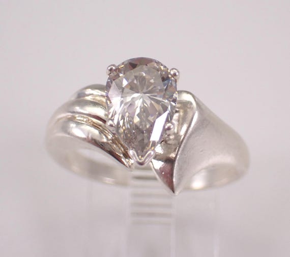Sterling Silver Cubic Zirconia Engagement Ring, Pear Teardrop Solitaire Promise CZ Band - Vintage Estate Bridal Jewelry Gift