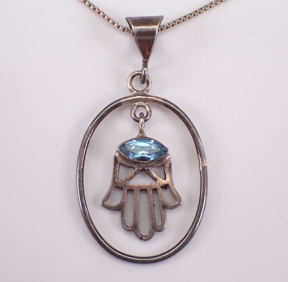 Vintage Blue Topaz Hamsa Necklace, Sterling Silver Hand of God Pendant Chain, Estate Gemstone Dangle Charm