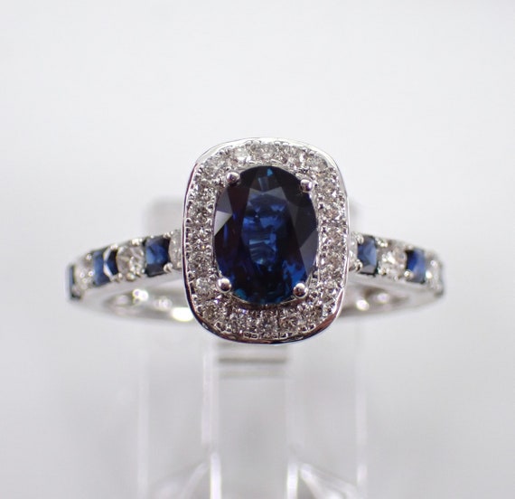 14K White Gold Sapphire Engagement Ring, Diamond Halo Bridal Setting, Gemstone Birthstone Fine Jewelry Gift