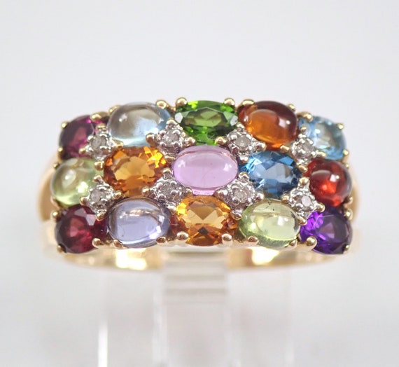 Multi Color Gemstone and Diamond Anniversary Ring, 14K Yellow Gold Amethyst Topaz Peridot Citrine Garnet Wedding Band