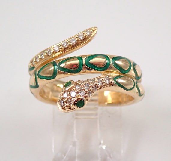 Green Enamel and Diamond Snake Ring - Solid 14K Yellow Gold Wraparound Serpent Ring - Genuine Natural Right Hand Ring