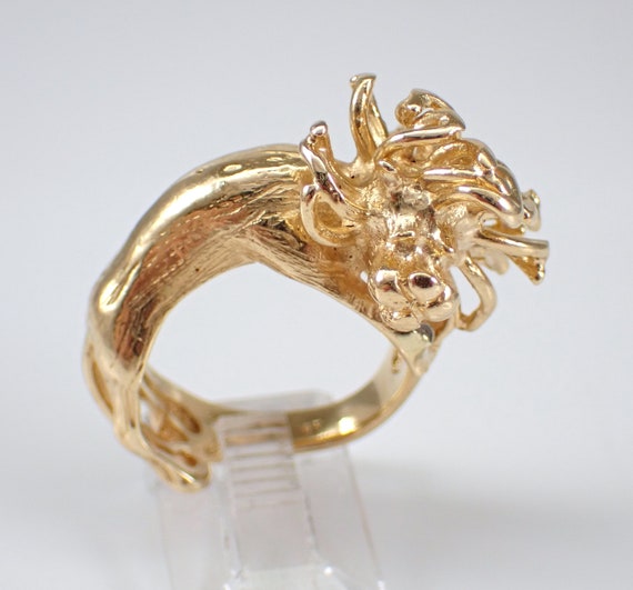 70s Vintage LION Wraparound Ring - Solid 14K Yellow Gold Animal Jewelry - Antique Lioness Cat Feline Mane