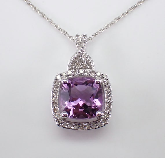 Amethyst and Diamond Pendant and Chain - Unique White Gold Gemstone Charm Necklace - GalaxyGems Fine Jewelry Birthday Gift