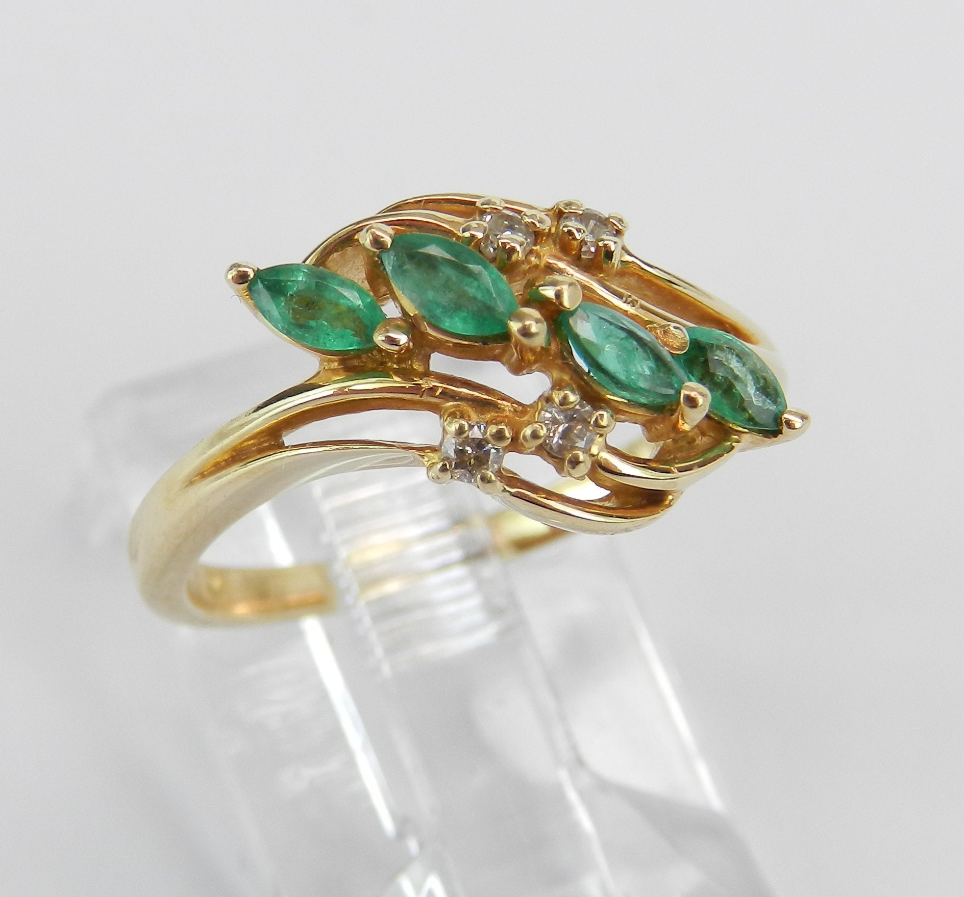 Estate Vintage 14K Yellow Gold Diamond Emerald Cocktail Cluster Ring ...