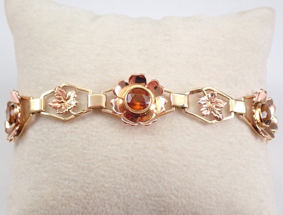 Antique Citrine Flower Bracelet - 14KT Rose and Yellow Gold Maple Leaf Links - 40s Unique Retro Jewelry Gift