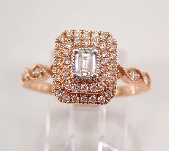 14K Rose Gold Diamond Engagement Ring - Dainty Double Halo Setting - Emerald Cut Bridal Jewelry Gift