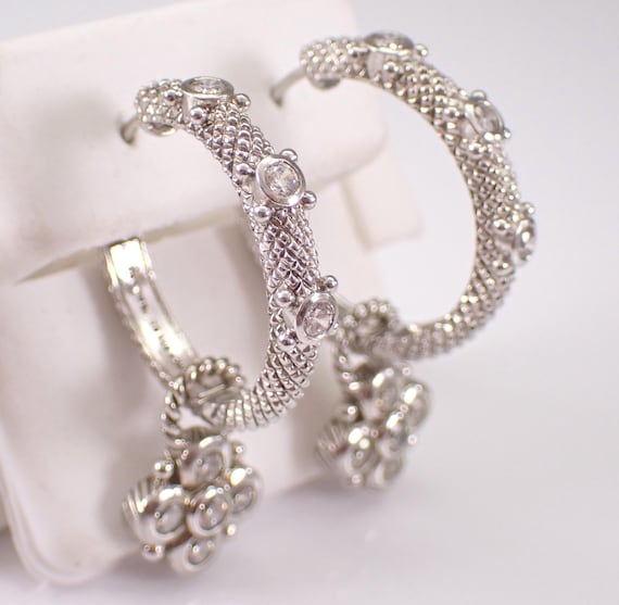 Vintage Sterling Silver Judith Ripka Hoop Earrings, Beaded CZ Flower Charm Dangles