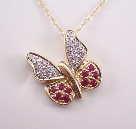 Yellow Gold Ruby and Diamond Butterfly Necklace: Dainty Charm Pendant and Choker Chain