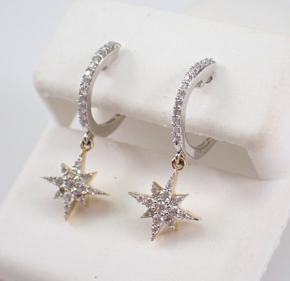 Diamond Star Dangle Earrings - 14k Yellow and White Gold Hoops - Celestial Two Tone Huggies - Fine Jewelry Gift