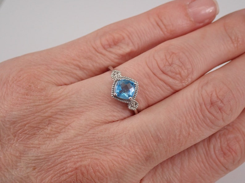 White Gold Diamond and Cushion Cut Blue Topaz Engagement Ring Size 7 December Birthstone FREE Sizing