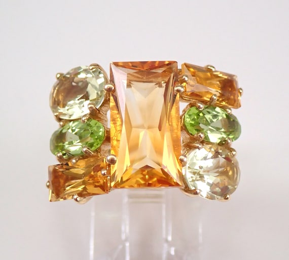 14K Yellow Gold Elongated Rectangular Citrine Ring, Large Green Amethyst Prasiolite Ring, Solid Gold Peridot Multi Gemstone Ring