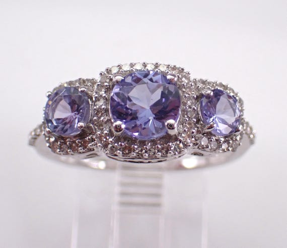 White Gold Tanzanite and Diamond Ring, Stackable Gemstone Anniversary Band, Three Stone Past Present Future Jewelry Gift