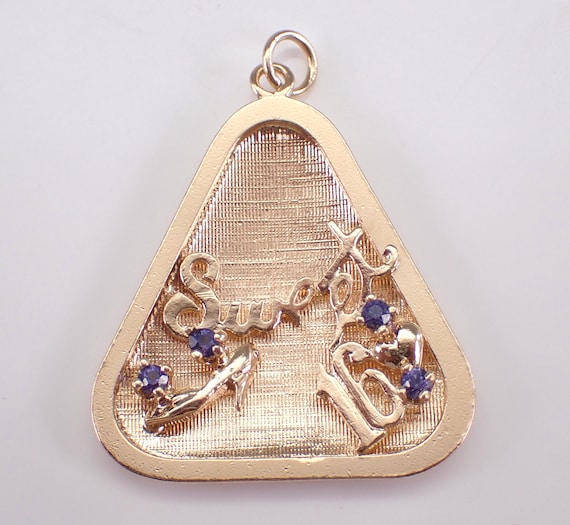 14K Yellow Gold "Sweet Sixteen" Charm Pendant - Amethyst Gemstone Triangle Drop for Necklace or Bracelet - Perfect Vintage Gift for Daughter