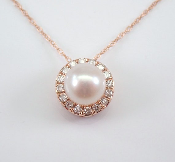 Rose Gold Diamond and Pearl Necklace - Dainty Diamond Halo Pendant and Chain - June Gemstone Choker Charm