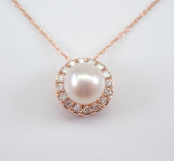 Rose Gold Diamond and Pearl Halo Pendant Necklace with Chain 18" June Gemstone