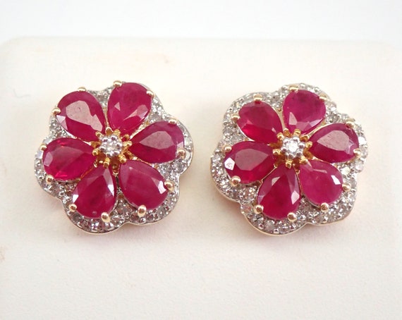 Unique Genuine Ruby Flower Earrings, 14K Yellow Gold Diamond and Gemstone Studs, July Gemstone Red Floral Jewelry for Women