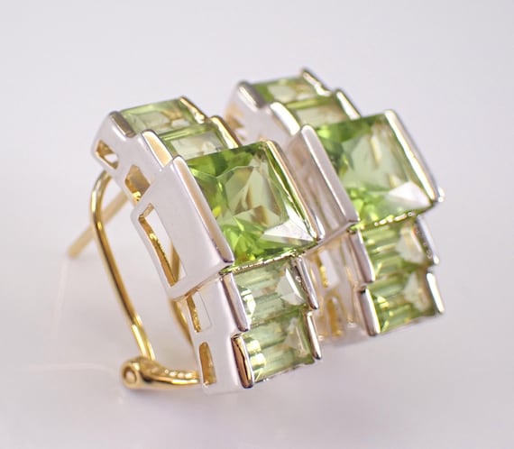 14K White and Yellow Gold Peridot Earrings: Estate Square Princess Cut Gemstone