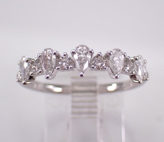 14K White Gold Diamond Wedding Ring - Unique Stackable Pear shape Anniversary Band - Simple Traditional Bridal Jewelry Gift
